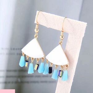 Genuine Shell Drop Earrings w Glass Tassel Beads Blue White